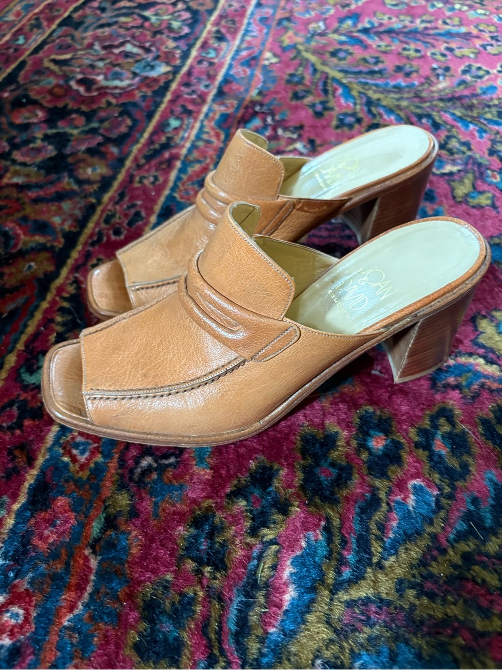 Joan & David Tan Leather Open-Toe Heeled Mules